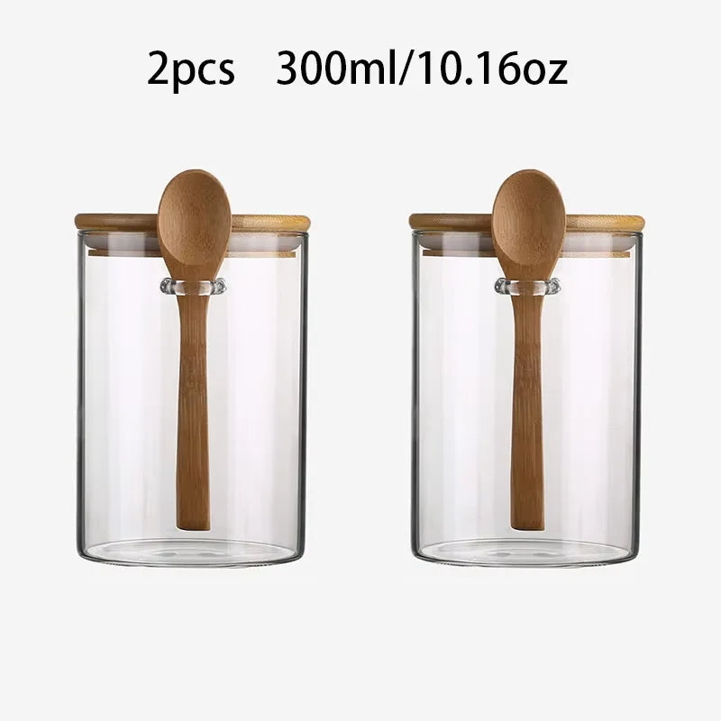 300Ml Candy Jar, Biscuit Jar, Glass Storage Jar with Sealed Bamboo Lid and Spoon - 10Oz Transparent Glass Bulk Food Storage Jar