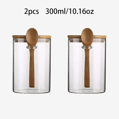 300Ml Candy Jar, Biscuit Jar, Glass Storage Jar with Sealed Bamboo Lid and Spoon - 10Oz Transparent Glass Bulk Food Storage Jar