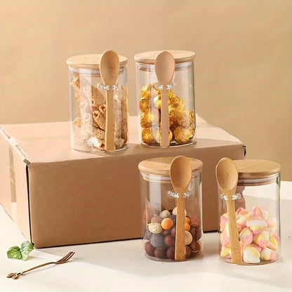 300Ml Candy Jar, Biscuit Jar, Glass Storage Jar with Sealed Bamboo Lid and Spoon - 10Oz Transparent Glass Bulk Food Storage Jar