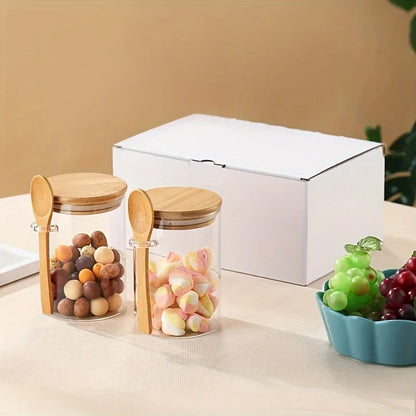 300Ml Candy Jar, Biscuit Jar, Glass Storage Jar with Sealed Bamboo Lid and Spoon - 10Oz Transparent Glass Bulk Food Storage Jar