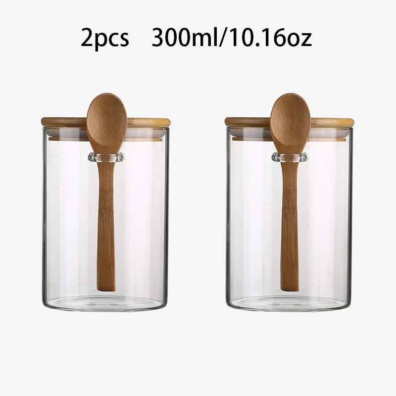 300Ml Candy Jar, Biscuit Jar, Glass Storage Jar with Sealed Bamboo Lid and Spoon - 10Oz Transparent Glass Bulk Food Storage Jar