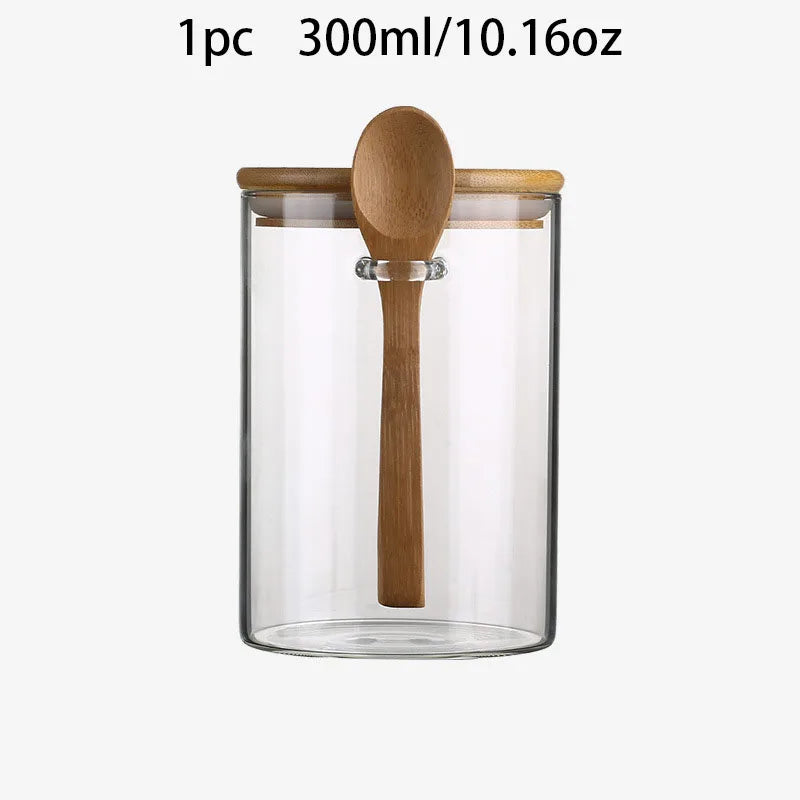 300Ml Candy Jar, Biscuit Jar, Glass Storage Jar with Sealed Bamboo Lid and Spoon - 10Oz Transparent Glass Bulk Food Storage Jar