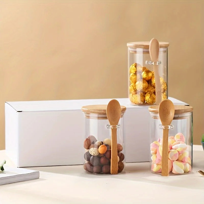 300Ml Candy Jar, Biscuit Jar, Glass Storage Jar with Sealed Bamboo Lid and Spoon - 10Oz Transparent Glass Bulk Food Storage Jar