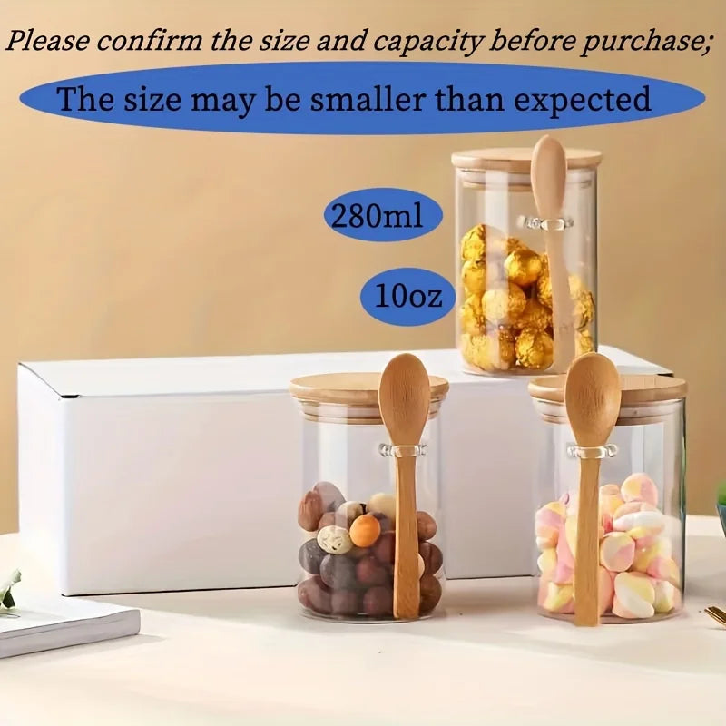300Ml Candy Jar, Biscuit Jar, Glass Storage Jar with Sealed Bamboo Lid and Spoon - 10Oz Transparent Glass Bulk Food Storage Jar