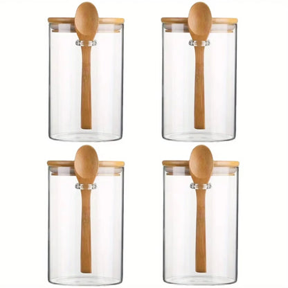 300Ml Candy Jar, Biscuit Jar, Glass Storage Jar with Sealed Bamboo Lid and Spoon - 10Oz Transparent Glass Bulk Food Storage Jar